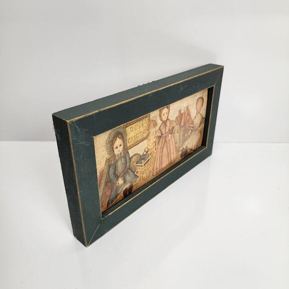 Primitive Dolls Print Framed 8" X 4.5" Doll Collector Folk Art Green Aged Frame - Picture 4 of 7
